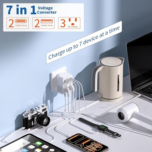 2000W Voltage Converter US to Europe for Hair Dryers, 7-in-1 220V to 110V Converter for European Travel with 3 AC/2 USBA/2 USBC Ports (PD20W), Universal Travel Adapter with Type C G Plug (White) in Kuwait