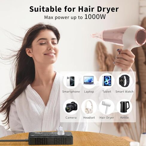 2000W Voltage Converter US to Europe for Hair Dryers, 7-in-1 220V to 110V Converter for European Travel with 3 AC/2 USBA/2 USBC Ports, Power Converter Adapter Combo with Type G/C/I/L Plugs in Kuwait