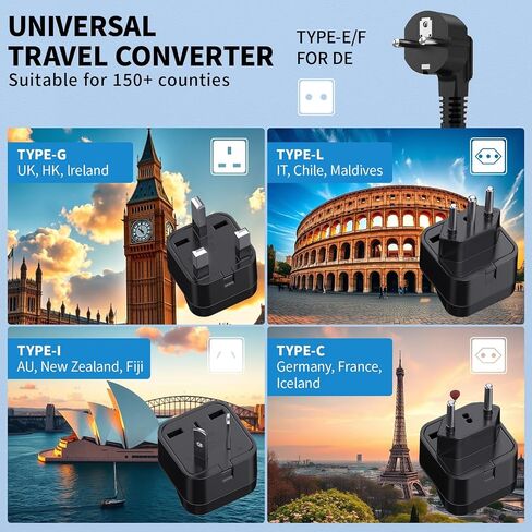 2000W Voltage Converter US to Europe for Hair Dryers, 7-in-1 220V to 110V Converter for European Travel with 3 AC/2 USBA/2 USBC Ports, Power Converter Adapter Combo with Type G/C/I/L Plugs in Kuwait