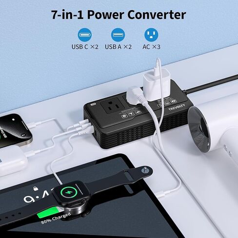 2000W Voltage Converter US to Europe for Hair Dryers, 7-in-1 220V to 110V Converter for European Travel with 3 AC/2 USBA/2 USBC Ports, Power Converter Adapter Combo with Type G/C/I/L Plugs in Kuwait