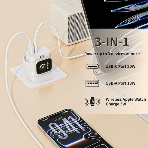 3-in-1 Charging Blocks for Apple Watch,23W Dual Port Compact Charger Block | Travel Adapter with Built-in Wireless Smart Watch Charging and Type C Cable for iWatch 11/Ultra/SE/10/9/8/7/6,iPhone 17/16/15 in Saudi Arabia