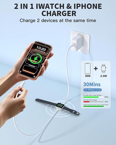 2 in 1 USB C Charger for Apple Watch, 6.6FT Magnetic iWatch Charging Cable Cord & USB C Fast iPhone Charger with PD 30W Wall Plug for iWatch Series Ultra SE/10/9/8/7/6/5/4/3/2, iPhone 17/16/15 Pro Max in Saudi Arabia