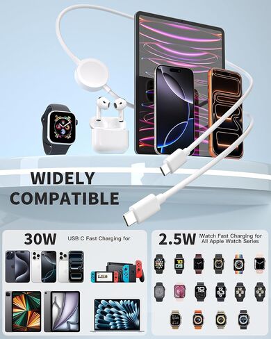 2 in 1 USB C Charger for Apple Watch, 6.6FT Magnetic iWatch Charging Cable Cord & USB C Fast iPhone Charger with PD 30W Wall Plug for iWatch Series Ultra SE/10/9/8/7/6/5/4/3/2, iPhone 17/16/15 Pro Max in Saudi Arabia