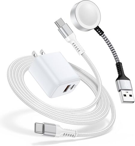 طقم شحن سريع لساعة Apple وشاحن الهاتف لـ iWatch Ultra وiPhone 17 | سلك شاحن iWatch بطول 0.6 قدم + كابل USBC إلى USBC بطول 3 أقدام + كتلة شاحن USB C وUSB A، لساعة i Watch Series11/10/9/8/SE/iPhone17e 17 in Kuwait