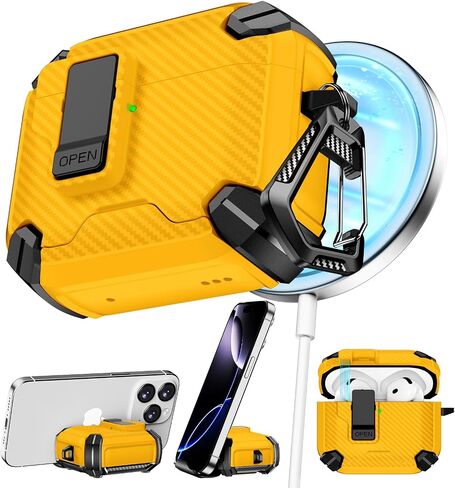 Pohgelan Compatible with AirPods 4 Case (Balck) | Magnetic Automatic Lock with Phone Stand & Cleaning Kit,Compatible with Magsafe in Saudi Arabia