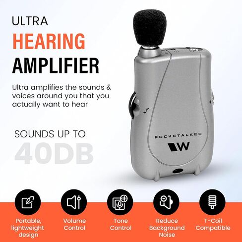 Williams Sound Pocketalker Ultra Hearing Amplifier | Easy-to-Use Hearing Amplifier for Seniors | Year Supply of Batteries | Amplified Sound Assistive Listening Device with Headphones for Elderly | Hearing Assist Earbuds in Saudi Arabia