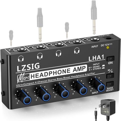 LZSIG Headphone Amplifier with Bass Boost, 4 Channel, 1 IN 4 OUT, DC 12V | Metal Stereo Audio Amplifier, Mini Earphone Splitter with Power Adapter, 1/4" & 1/8" TRS Headphones Output & TRS Audio Input in Saudi Arabia