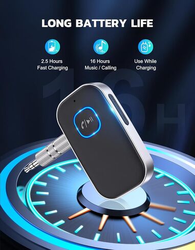 جهاز استقبال بلوتوث COMSOON للسيارة، محول سيارة بلوتوث AUX 3.5 ملم | إلغاء الضوضاء، مستقبل صوت لاسلكي لسماعات رأس ستيريو/سلكية منزلية، مكالمات بدون استخدام اليدين، عمر بطارية 16 ساعة، أسود + فضي in Kuwait