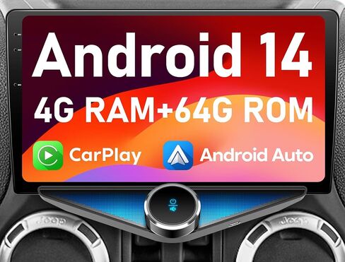 4G RAM+64G ROM Car Stereo for Jeep Wrangler JK 2007-2013 2014 2015 2016 2017 2018, Compass/Grand Cherokee/Dodge/Chrysler, 10.1" QLED Android 14 Car Radio, Wireless Carplay/Android Auto in Saudi Arabia