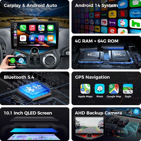 4G RAM+64G ROM Car Stereo for Jeep Wrangler JK 2007-2013 2014 2015 2016 2017 2018, Compass/Grand Cherokee/Dodge/Chrysler, 10.1" QLED Android 14 Car Radio, Wireless Carplay/Android Auto in Saudi Arabia