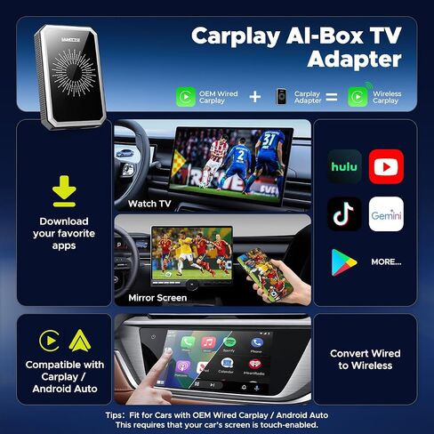 LAMTTO Wireless CarPlay Adapter with Gemini AI and Google Play, 4GB+32GB | Download Streaming Apps, Games, OTA, HDMI, Airplay, USB Drive Playback, Support Carplay & Android Auto for Car Entertainment in Saudi Arabia