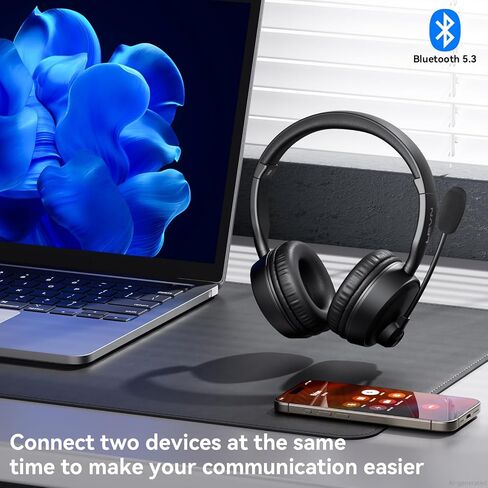Bluetooth Headset with Microphone, 60 Hrs Bluetooth Headphones with Mic, Wireless Headset with Mic for Work/Meetings/Office/iPhone/Phone Calls/Call Center/Computer/PC/Teams/Zoom/Podcast/Skype/WebEx in Saudi Arabia