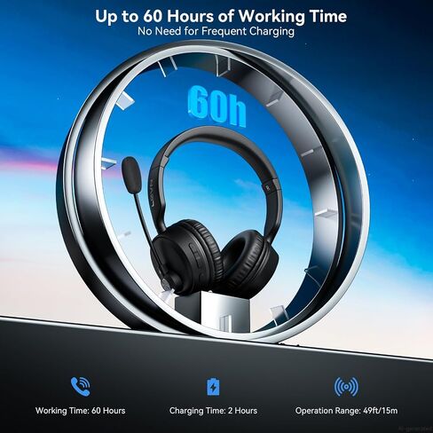 Bluetooth Headset with Microphone, 60 Hrs Bluetooth Headphones with Mic, Wireless Headset with Mic for Work/Meetings/Office/iPhone/Phone Calls/Call Center/Computer/PC/Teams/Zoom/Podcast/Skype/WebEx in Saudi Arabia