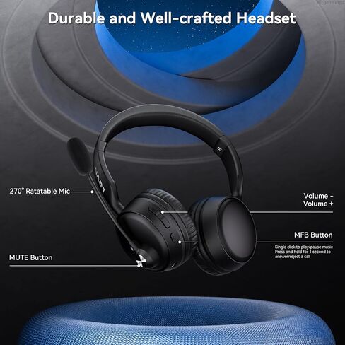Bluetooth Headset with Microphone, 60 Hrs Bluetooth Headphones with Mic, Wireless Headset with Mic for Work/Meetings/Office/iPhone/Phone Calls/Call Center/Computer/PC/Teams/Zoom/Podcast/Skype/WebEx in Saudi Arabia