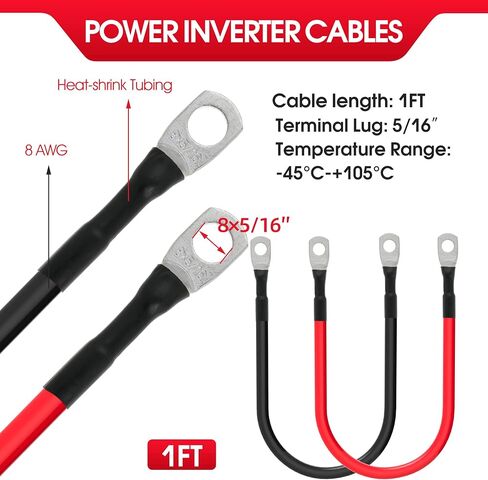 كابل بطارية 8 AWG 8 كابلات عاكسة للطاقة مع عروات 5/16 بوصة كلا الطرفين للسيارة الشمسية RV البحرية 2 حزمة (1FT) in Kuwait