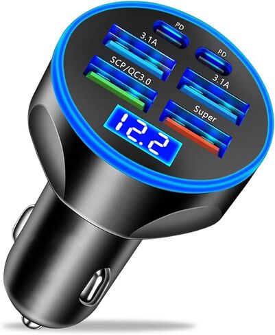 Super Fast Charge USB C Car Phone Charger Adapter 6 in 1 with Voltage Display 250W Multi Port Cigarette Lighter USB Charge for iPhone 16 15 14 13 12 11 Samsung Galaxy Huawei Oneplus Oppo Vivo in Saudi Arabia