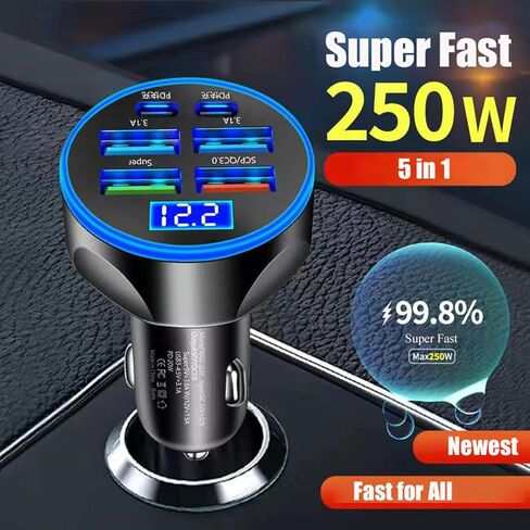 Super Fast Charge USB C Car Phone Charger Adapter 6 in 1 with Voltage Display 250W Multi Port Cigarette Lighter USB Charge for iPhone 16 15 14 13 12 11 Samsung Galaxy Huawei Oneplus Oppo Vivo in Saudi Arabia
