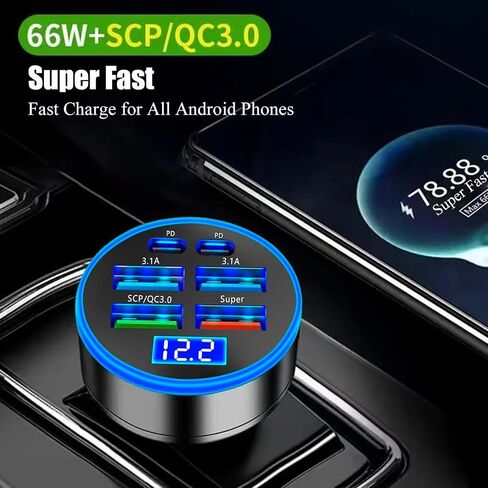 Super Fast Charge USB C Car Phone Charger Adapter 6 in 1 with Voltage Display 250W Multi Port Cigarette Lighter USB Charge for iPhone 16 15 14 13 12 11 Samsung Galaxy Huawei Oneplus Oppo Vivo in Saudi Arabia