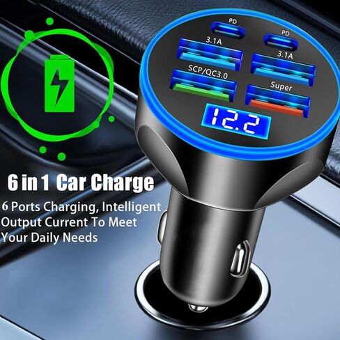 Super Fast Charge USB C Car Phone Charger Adapter 6 in 1 with Voltage Display 250W Multi Port Cigarette Lighter USB Charge for iPhone 16 15 14 13 12 11 Samsung Galaxy Huawei Oneplus Oppo Vivo in Saudi Arabia