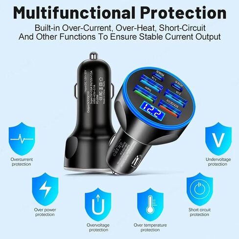 Super Fast Charge USB C Car Phone Charger Adapter 6 in 1 with Voltage Display 250W Multi Port Cigarette Lighter USB Charge for iPhone 16 15 14 13 12 11 Samsung Galaxy Huawei Oneplus Oppo Vivo in Saudi Arabia