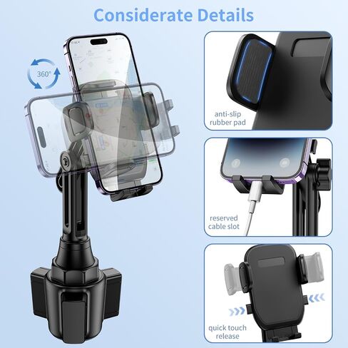 Cup Phone Holder for Car, [Upgraded Version]Universal Car Cell Phone Holder | Long and Adjustable Neck, 360° Rotation, One-Hand Operation，Non-Slip, Quick Release Button for iPhone, Galaxy and All phones in Saudi Arabia