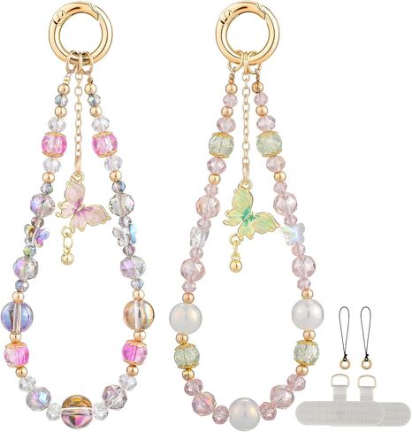 BESARME Phone Charms 2 Pack، حزام معصم مطرز باللون الأرجواني الوردي للهاتف | خرز قزحي الألوان، حلقة ذهبية اللون، سهلة التركيب على الحافظات، المفاتيح أو الحقائب، طراز Y2K لطيف، مجموعة مكونة من قطعتين يمكن تقديمها كهدية in Kuwait