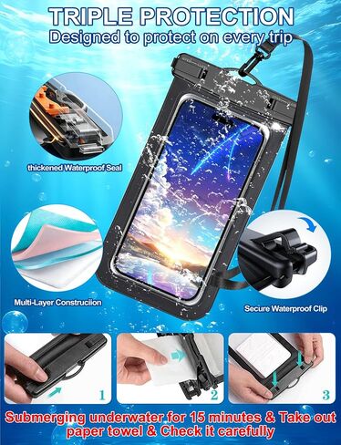 [Fits Up to 8.5"] 6 Pack Multicolor Waterproof Phone Pouch, Cell Phone Case Dry Bag,Protection Level: IP68,Beach Cruise for iPhone,Samsung,and More,Lanyard Included,Black,Blue,Pink,Orange,Yellow,Green in Saudi Arabia