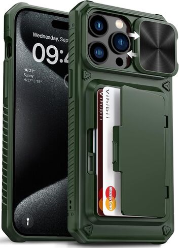 Vihibii for iPhone 15 Pro Max Case Wallet with Card Holder (4 Cards), Black | Slide Camera Cover, Kickstand, Military Grade Drop Protection, Rugged Hard Back, Silicone Edge Wallet Phone Case, 2023, Black in Saudi Arabia