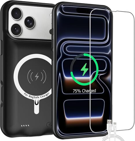 Battery Case for iPhone 17 Pro, 10000mAh High-Capacity Protective Rechargeable Extended Charger Case Compatible Magsafe with iPhone 17 Pro (6.3 inch) Wireless Charging Case Support Carplay (Black) in Saudi Arabia