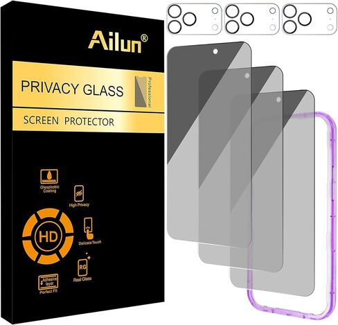 واقي شاشة للخصوصية من Ailun + واقي عدسة الكاميرا لهاتف iPhone 17 Pro Max | 3+3 عبوات، 6.9 بوصة، إطار التثبيت، متوافق مع Dynamic Island، زجاج مقوى مضاد للتجسس in Kuwait