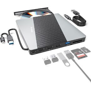 SUIDEK External CD DVD Drive for Laptop, CD DVD Reader with M.2 NVMe Slot | 7 in 1 Portable CD DVD+/-RW Burner with SD/Micro SD Card Slots and USB A Type C 2.0, for Laptop PC Mac Windows Linux in Kuwait