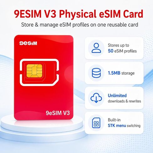 بطاقة V3 Flagship eSIM لنظام Android غير المقفل، سعة تخزين 1.5 ميجابايت - محول SIM إلى eSIM، 50 ملفًا شخصيًا، شريحة متميزة، قائمة STK غير متصلة بالإنترنت، تنزيلات غير محدودة، مقطوعة مسبقًا، السفر العالمي في الولايات المتحدة الأمريكية/أوروبا/اليابان/الصين in Kuwait