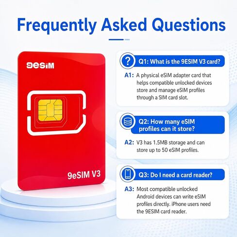 بطاقة V3 Flagship eSIM لنظام Android غير المقفل، سعة تخزين 1.5 ميجابايت - محول SIM إلى eSIM، 50 ملفًا شخصيًا، شريحة متميزة، قائمة STK غير متصلة بالإنترنت، تنزيلات غير محدودة، مقطوعة مسبقًا، السفر العالمي في الولايات المتحدة الأمريكية/أوروبا/اليابان/الصين in Kuwait