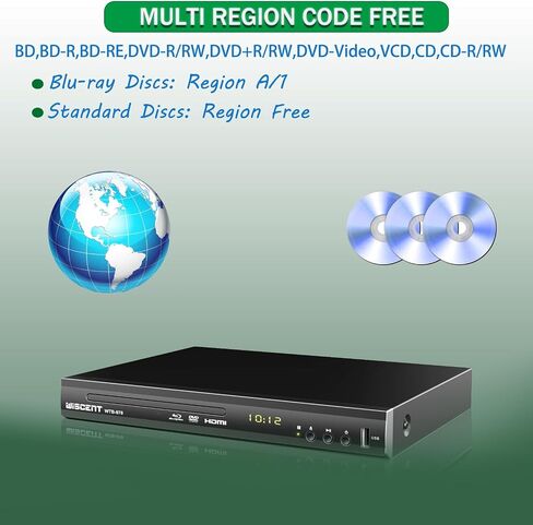 Blu Ray DVD Player, WISCENT Full HD 1080p Home Theater Disc System, Region A/1 Blu-Rays,HD Blu-Ray DVD Player for TV with Coaxial Audio/HDMI/AV/Output, USB Input, Built-in PAL NTSC in Saudi Arabia