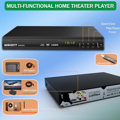Blu Ray DVD Player, WISCENT Full HD 1080p Home Theater Disc System, Region A/1 Blu-Rays,HD Blu-Ray DVD Player for TV with Coaxial Audio/HDMI/AV/Output, USB Input, Built-in PAL NTSC in Saudi Arabia
