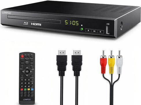 LONPOO LP-100 Blu-Ray Disc Player for TV 1080P DVD CD HDMI USB Upscaling | Includes HDMI & AV Cables, Built-in PAL NTSC, Coaxial Output, USB Input in Kuwait