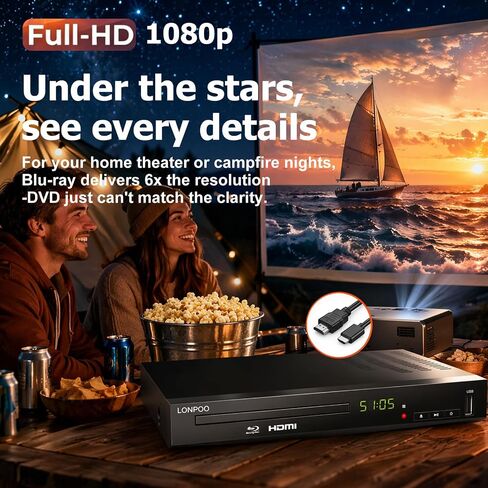 LONPOO LP-100 Blu-Ray Disc Player for TV 1080P DVD CD HDMI USB Upscaling | Includes HDMI & AV Cables, Built-in PAL NTSC, Coaxial Output, USB Input in Kuwait