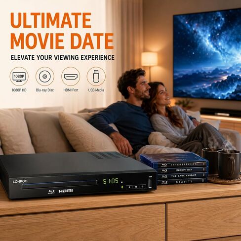LONPOO LP-100 Blu-Ray Disc Player for TV 1080P DVD CD HDMI USB Upscaling | Includes HDMI & AV Cables, Built-in PAL NTSC, Coaxial Output, USB Input in Kuwait