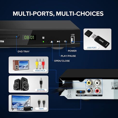 Blu Ray Player for TV,Full HD DVD Player HDMI with Dolby Digital TrueHD/DTS | Region A Blu-ray,Region Free DVD Disc,DVD Upscaling,1080P Home Theater DVD CD Player, Support HDD and USB Playback in Saudi Arabia