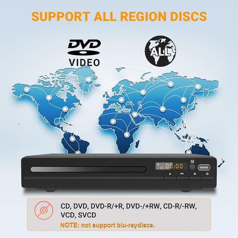 DVD Player, HDMI Region Free DVD Players for Smart TV, 1080P Upscaling, USB Input, HDMI/RCA Output Cable Included, Breakpoint Memory, Built-in PAL/NTSC, CD Players for Home in Saudi Arabia