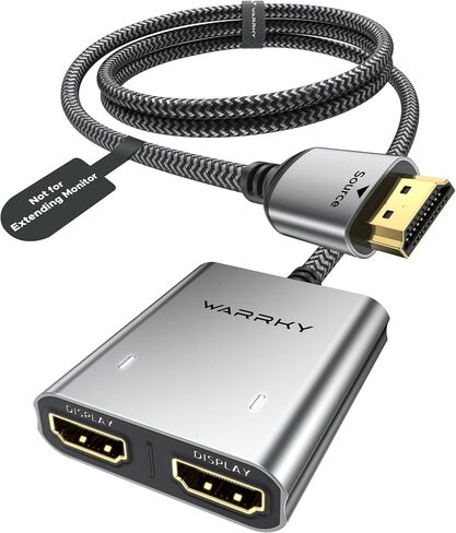 Warrky HDMI Splitter 1 in 2 Out 4K, Mirror Only, USB-C Powered, Metal | 4K HDMI Splitter 1 in 2 Out for Dual Monitors, USB-C Powered, Metal Shell, Built-in 3.3ft Cable, Mirror Only in Kuwait