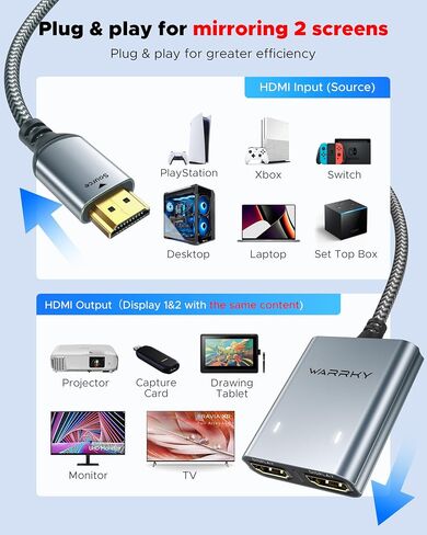 Warrky HDMI Splitter 1 in 2 Out 4K، مرآة فقط، يعمل بمنفذ USB-C، معدني | مقسم HDMI 4K 1 في 2 للشاشات المزدوجة، يعمل بمنفذ USB-C، هيكل معدني، كابل مدمج بطول 3.3 قدم، مرآة فقط in Kuwait