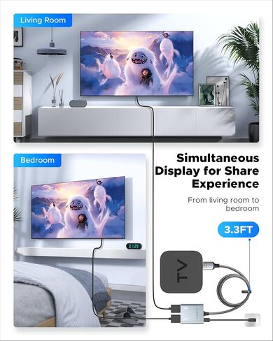 Warrky HDMI Splitter 1 in 2 Out 4K، مرآة فقط، يعمل بمنفذ USB-C، معدني | مقسم HDMI 4K 1 في 2 للشاشات المزدوجة، يعمل بمنفذ USB-C، هيكل معدني، كابل مدمج بطول 3.3 قدم، مرآة فقط in Kuwait