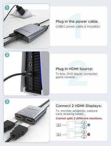 Warrky HDMI Splitter 1 in 2 Out 4K، مرآة فقط، يعمل بمنفذ USB-C، معدني | مقسم HDMI 4K 1 في 2 للشاشات المزدوجة، يعمل بمنفذ USB-C، هيكل معدني، كابل مدمج بطول 3.3 قدم، مرآة فقط in Kuwait