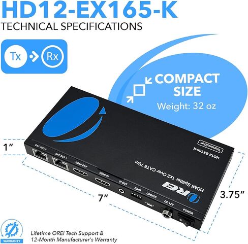 OREI 4K 1x2 HDMI عبر موسع إيثرنت عبر كابل إيثرنت CAT6/7 4K@30 هرتز حتى 165 قدمًا - 1 في 2 خارج، 1080P@60 هرتز حتى 230 قدمًا، PoC، تحكم بالأشعة تحت الحمراء، EDID، حلقة HDMI (HD12-EX165-K) in Kuwait