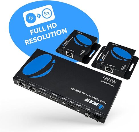 OREI 4K 1x2 HDMI عبر موسع إيثرنت عبر كابل إيثرنت CAT6/7 4K@30 هرتز حتى 165 قدمًا - 1 في 2 خارج، 1080P@60 هرتز حتى 230 قدمًا، PoC، تحكم بالأشعة تحت الحمراء، EDID، حلقة HDMI (HD12-EX165-K) in Kuwait