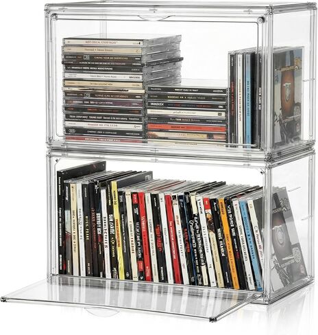 2 Pack Acrylic DVD/CD Storage Box Stackable CD Organizer Clear Plastic CD Case Holder with Magnetic Dustproof Flip Cover, Media Storage for Blu-rays Discs, Small Books, Holds up to 48 CD Cases in Kuwait