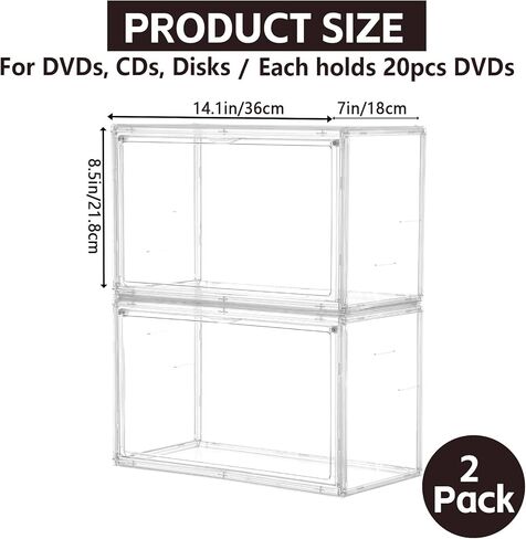 2 Pack Acrylic DVD/CD Storage Box Stackable CD Organizer Clear Plastic CD Case Holder with Magnetic Dustproof Flip Cover, Media Storage for Blu-rays Discs, Small Books, Holds up to 48 CD Cases in Kuwait