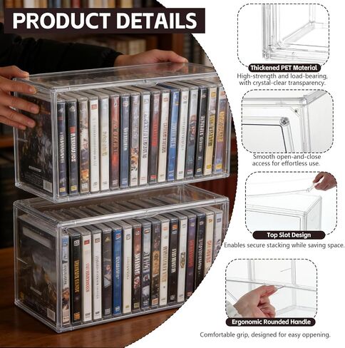 2 Pack Acrylic DVD/CD Storage Box Stackable CD Organizer Clear Plastic CD Case Holder with Magnetic Dustproof Flip Cover, Media Storage for Blu-rays Discs, Small Books, Holds up to 48 CD Cases in Kuwait