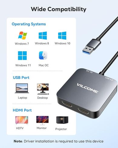 USB to HDMI Adapter, USB 3.0 to Dual HDMI Adapter, Audio Video Graphics Converter Cable for Laptop Monitor Desktop TV, Compatible with Mac OS, Windows in Saudi Arabia